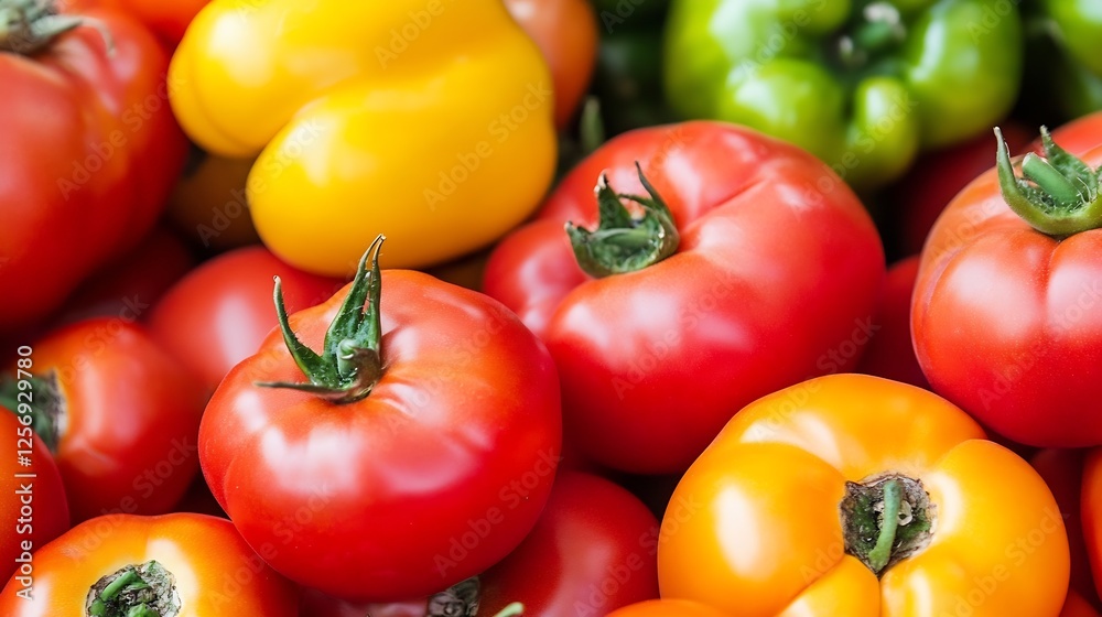 Poster fresh colorful tomatoes and bell peppers stacked together in a vibrant display at a market : generat