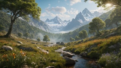 Obraz premium a serene valley framed by majestic mountains and vibrant flora