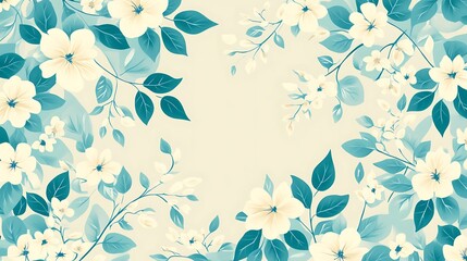Delicate Cream Flowers and Teal Leaves Design