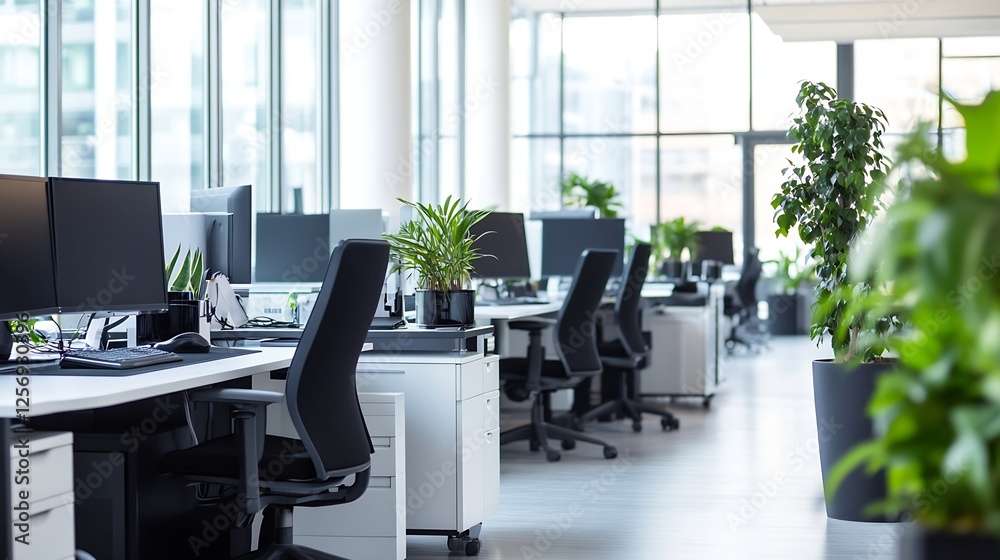 Poster modern office space featuring workstations surrounded by plants and large windows : generative ai