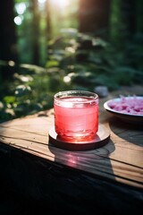 Pink Drink on Wooden Table Outdoors