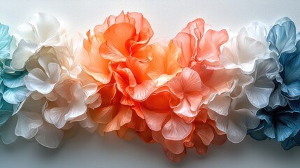 Vibrant arrangement of artificial flowers in shades of orange, white, and blue against a plain background