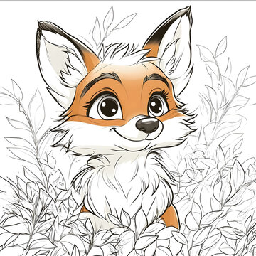 11h coloring book page for kids cute fox cartoon style thick lines low detail no shading