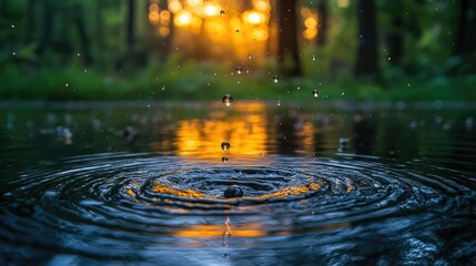 Serene forest scene with water droplets creating ripples on a calm lake at sunset