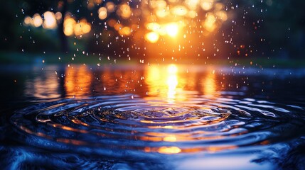 Serene sunset over a tranquil lake with raindrops creating ripples in the water