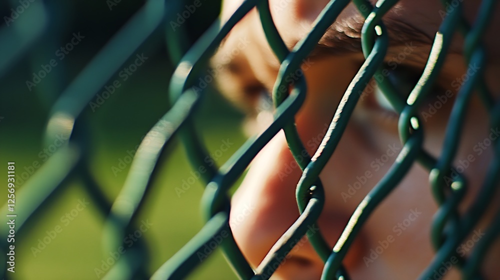Poster closeup portrait of a person's face seen through a green fence highlighting deep emotion and perspec