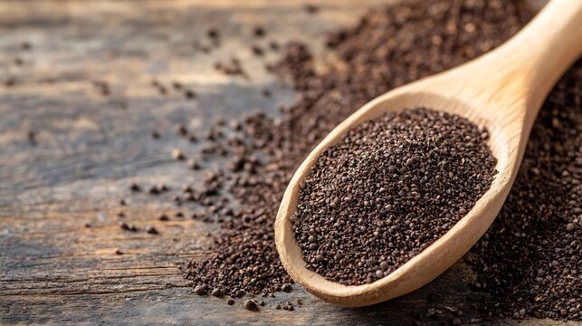 Close up of wooden spoon filled with black sesame seeds on rustic wooden table : Generative AI