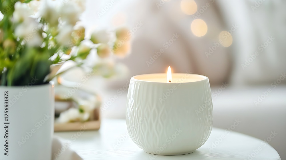 Poster stylish white candle glowing softly on a table adorned with flowers creating a cozy atmosphere : gen