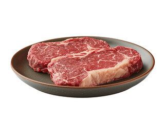 Fototapeta premium A high-quality transparent PNG of multiple raw beef steaks arranged on a rustic plate. Ideal for butcher shop branding, meat industry advertisements, and steakhouse promotions