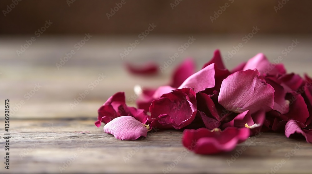 Poster beautiful rose petals scattered on rustic wooden table creating a romantic and serene atmosphere : g