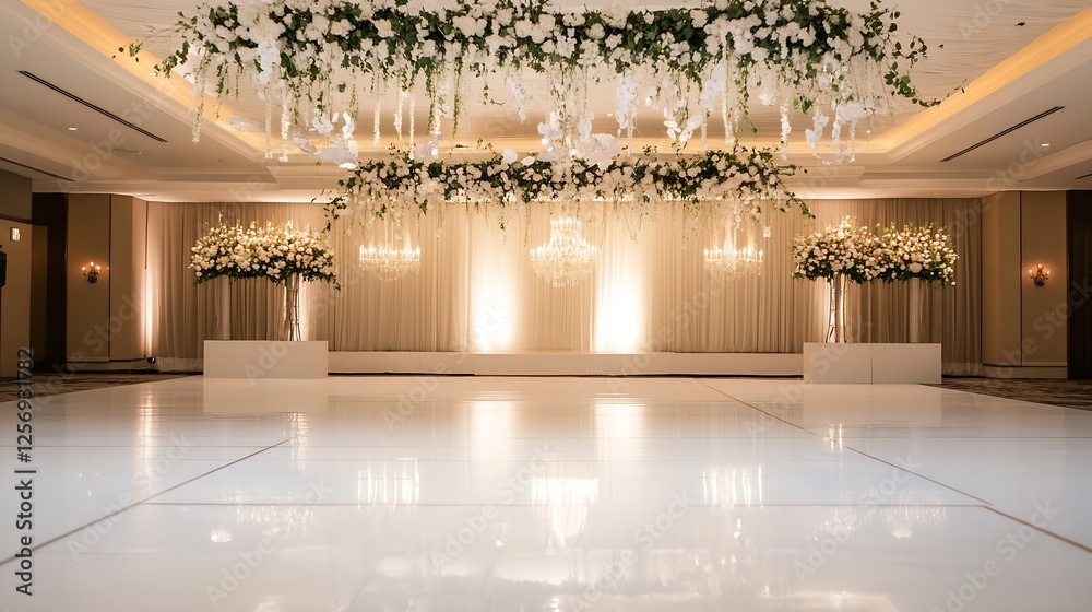 Poster exquisite event space with floral decor and beautiful lighting creating an enchanting setting for ce