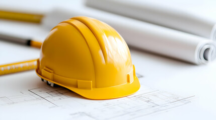 Yellow hardhat on blueprints, construction plans background,  engineering project