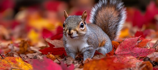Autumn squirrel among red leaves