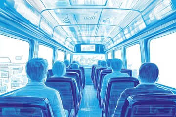 Fototapeta premium Interior View of a Bus Filled with Passengers in Blue Tone Art