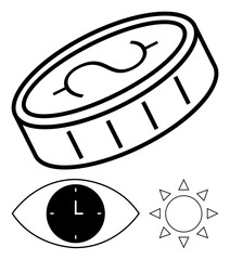 Coin with currency sign, eye with clock symbol, and sun with rays. Ideal for finance, time management, productivity, monetary value, savings, economy and abstract line flat metaphor