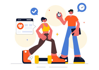 Wellness Coaching Vector Illustration Featuring a Sports Lesson or Fitness Course, Working Out with a Personal Coach, and Receiving Tailored Guidance