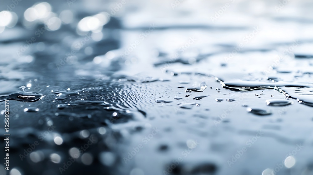 Poster Close up view of water droplets on a sleek surface reflecting light in a modern setting : Generative AI