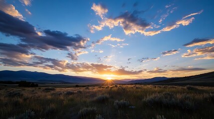 Obraz premium Stunning sunset landscape over rolling hills with vibrant clouds and golden rays illuminating the sky : Generative AI