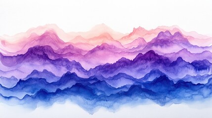Serene watercolor landscape showcasing layered mountains in hues of pink, purple, and blue