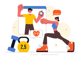 Wellness Coaching Vector Illustration Featuring a Sports Lesson or Fitness Course, Working Out with a Personal Coach, and Receiving Tailored Guidance