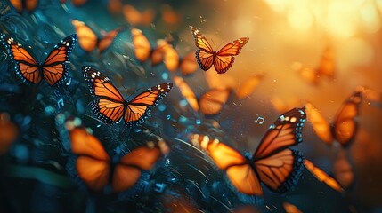 Vibrant Monarch Butterflies Fluttering Among Lush Greenery in a Sunlit Meadow