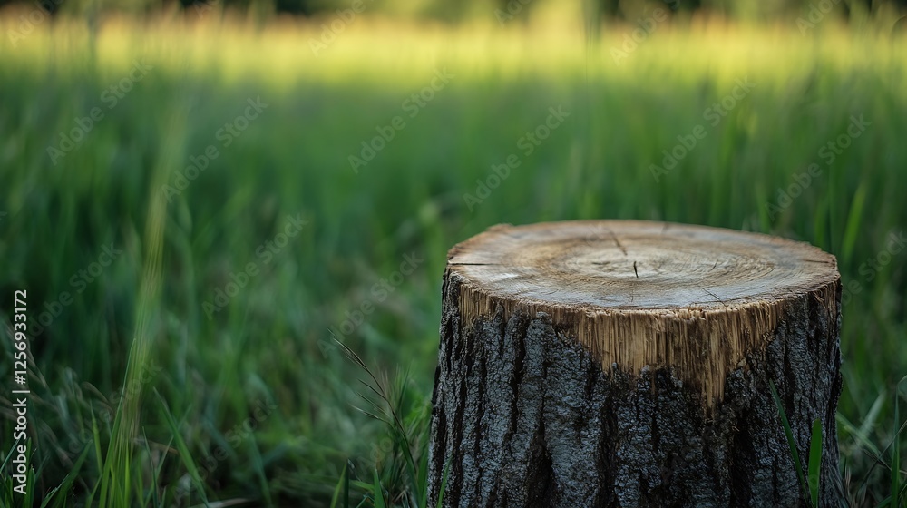Aufkleber closeup of a tree stump surrounded by lush green grass in a tranquil outdoor setting : generative ai