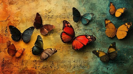 Colorful butterflies on a textured background with musical notes, evoking creativity and nature