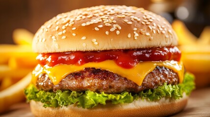 Delicious Cheeseburger With Fresh Ingredients And Fries