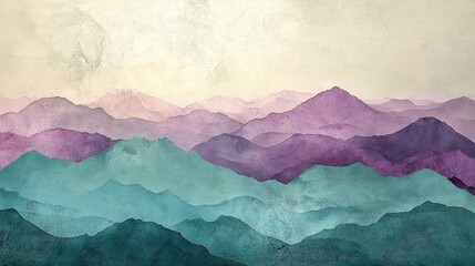Serene watercolor landscape depicting layered mountains in shades of purple and teal