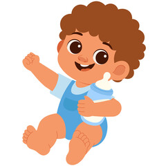 Happy baby boy holding bottle, playful, white background, illustration