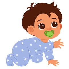 Crawling baby boy, stars pajamas, nursery, learning
