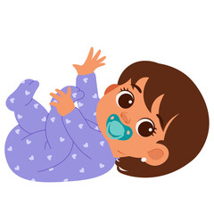 Happy baby playing, purple outfit, dark background, nursery decor