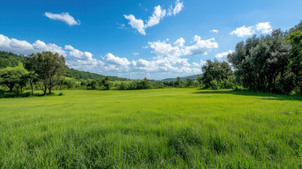 Wide Open Green Grassland Under Clear Blue Sky