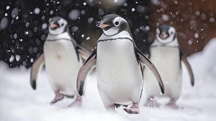 Three penguins walking through falling snow in a winter landscape with blurred background