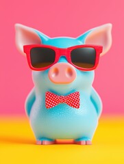 successful investor growth mindset concept. Colorful pig toy wearing sunglasses and a bow tie against a vibrant background.