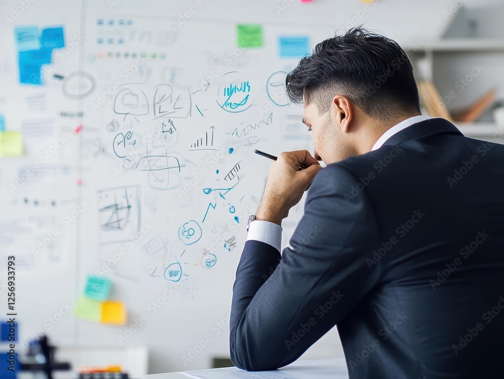Poster Man in a suit sitting at a desk with a marker board in a modern office setting