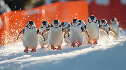 Group of playful penguins waddling through the snow, with a vibrant orange backdrop and sparkling snowflakes