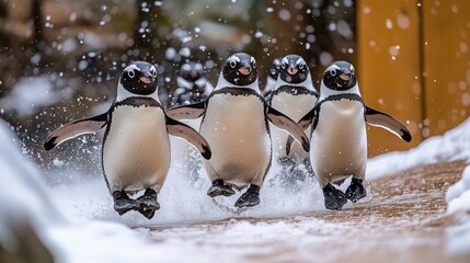 Group of playful penguins waddling through snow with a scenic background of trees and ice