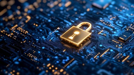 Digital padlock secured on a circuit board symbolizing cybersecurity and data protection in technology : Generative AI