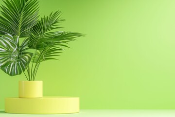 Fototapeta premium Plant Pot on Podium against Green Background Studio Shot