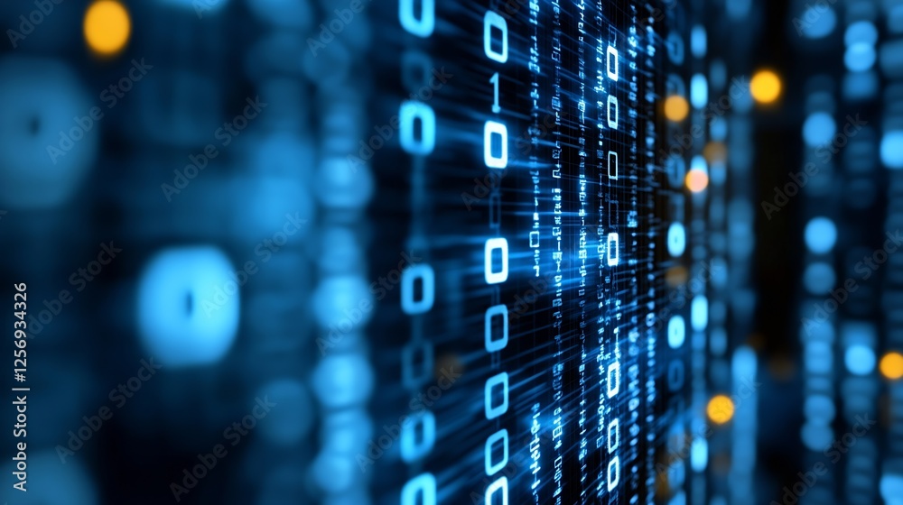 Poster futuristic binary data stream flowing through a digital landscape in glowing blue hues : generative 