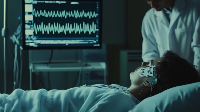 Scientist in lab coat analyzing brainwave patterns on computer monitor while observing sleeping patient with EEG electrodes attached to head in medical setting.	