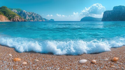 Serene beach scene with gentle waves, colorful shells, and distant mountains under a clear sky