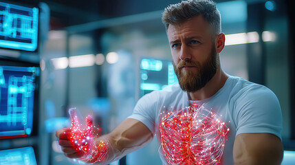 Augmented reality assisted surgery with AI powered holography showcases man demonstrating advanced medical technology. glowing anatomical representation highlights innovation in healthcare