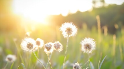Beautifully lit dandelion flowers glowing in soft sunlight on a serene summer morning : Generative AI