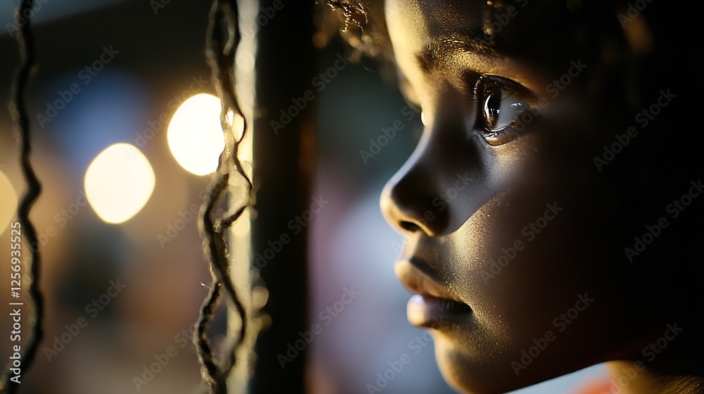 Poster captivating portrait of a young girl with enchanting eyes and natural curls reflecting warm lights :