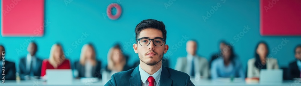 Poster Man in a suit and tie standing confidently in front of a group of diverse people in a formal setting