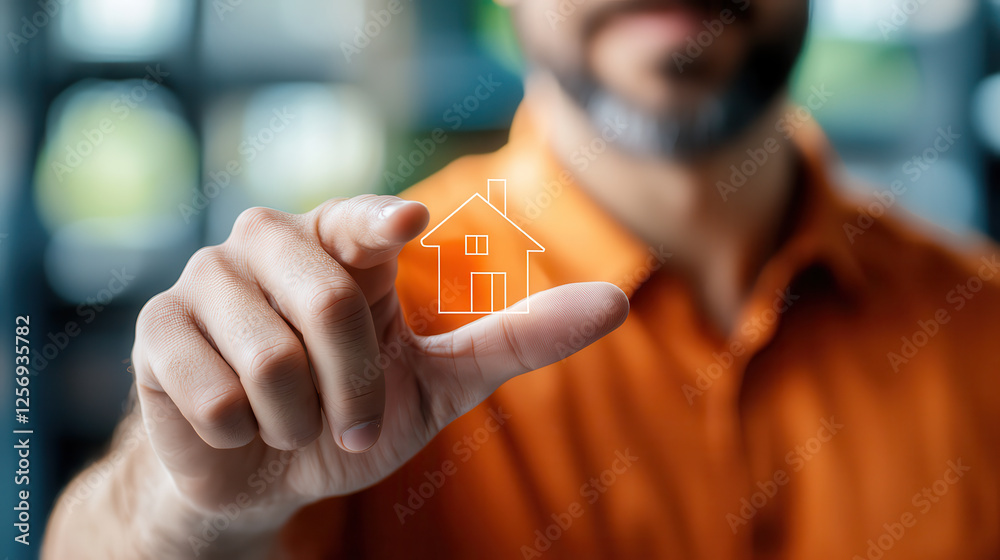 Poster man holding digital house icon, representing futuristic home design and technology. image conveys in