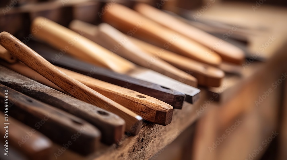 Poster various wooden tool handles arranged in stunning detail showcasing craftsmanship and artistry : gene