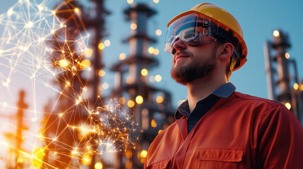 High tech refinery worker in safety gear with holographic display
